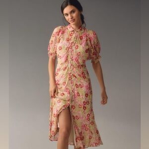 Anthropologie Puff-Sleeve Ruched Mesh Midi Shirt Dress